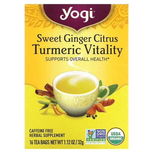 Yogi Tea, Sweet Ginger Citrus Turmeric Vitality, Caffeine Free, 16 Tea Bags, 1.12 oz (32 g)