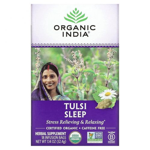 Organic India, Чай с тулси для сна, без кофеина, 18 пакетиков, 32,4 г (1,14 унции)