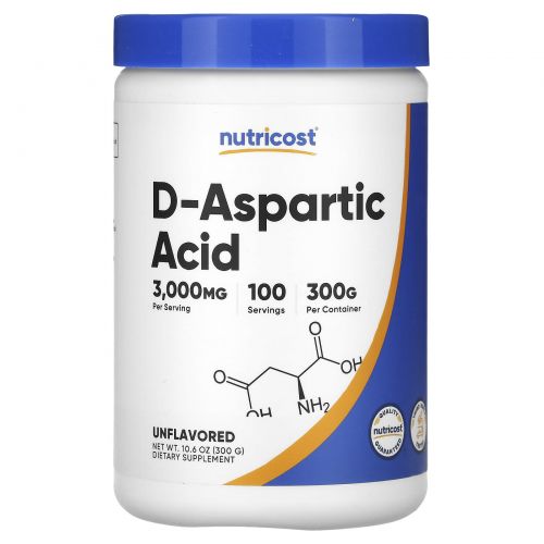 Nutricost, D-аспарагиновая кислота, без вкусовых добавок, 300 г (10,6 унции)