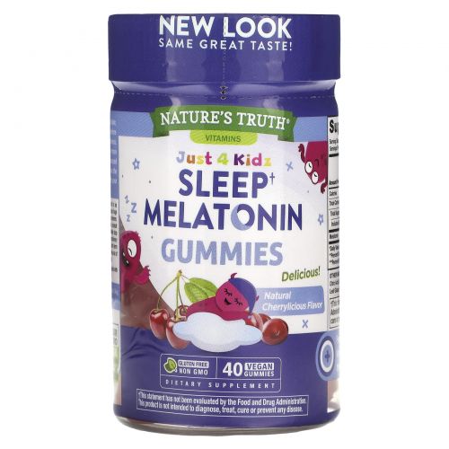 Nature's Truth, Just 4 Kids, мелатонин для сна, натуральная вишня, 1 мг, 40 веганских жевательных таблеток