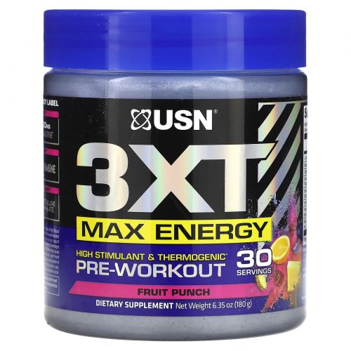 USN, 3XT Max Energy, предтренировочный комплекс с высоким стимулятором и термогенным действием, фруктовый пунш, 180 г (6,35 унции)