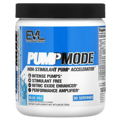 EVLution Nutrition, PumpMode, Non-Stimulant Pump Accelerator, Blue Raz, 5.9 oz (168 g)