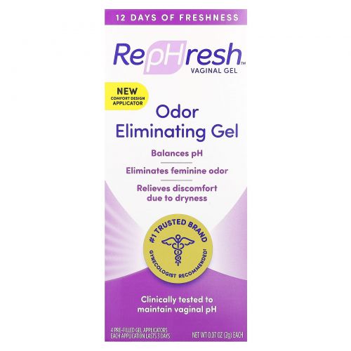 Rephresh, вагинальный гель для устранения запаха, 4 аппликатора по 2 г (0,07 унции)