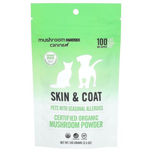 Mushroom Matrix Canine, Skin &coat, сертифицированный органический грибной порошок, для кошек и собак, для домашних животных весом 9 кг (25 фунтов), для собак и кошек, 100 г (3,5 унции)