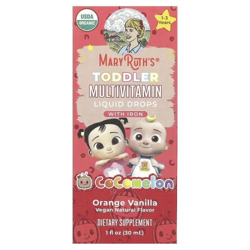 MaryRuth's, Cocomelon, мультивитамины для малышей, капли с железом, для детей от 1 до 3 лет, вкус апельсина и ванили, 30 мл (1 жидк. унция)