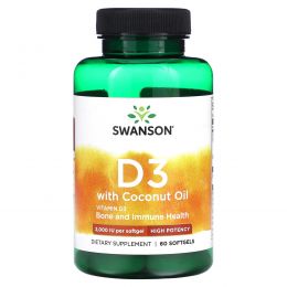 Swanson, D3 с кокосовым маслом, высокая эффективность, 2000 МЕ, 60 мягких таблеток