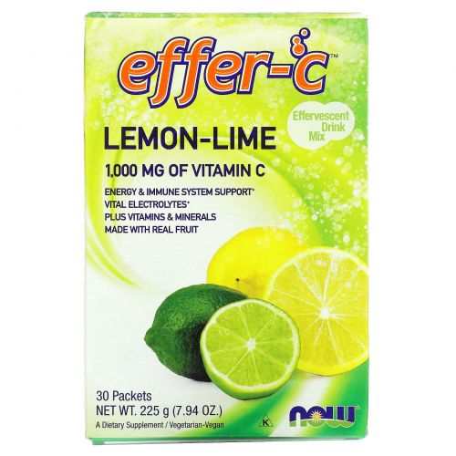 Now Foods, Effer-C, электролитический напиток с транспортом C-Plus, лимон-лайм, 30 пакетиков по 7,5 г