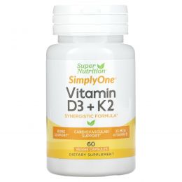 Super Nutrition, витамины D3 и К2, 60 растительных капсул