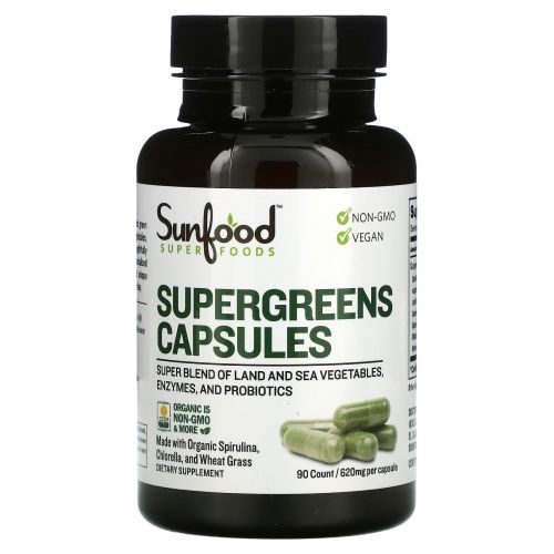 Sunfood, Supergreens Capsules, 620 mg, 90 Count