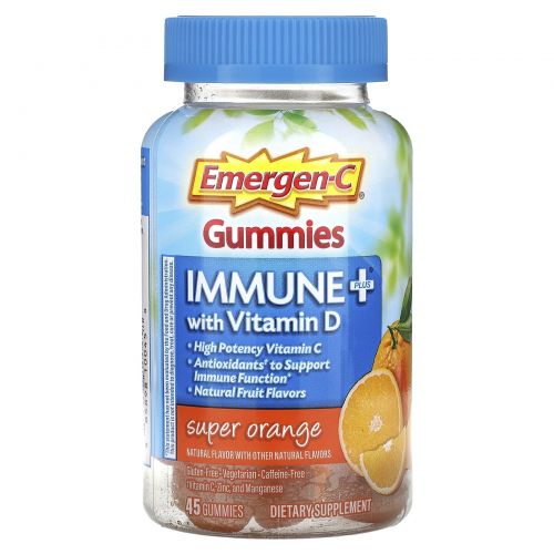 Emergen-C, Immune + с витамином D в жевательных таблетках, супер-апельсин, 45 жевательных таблеток