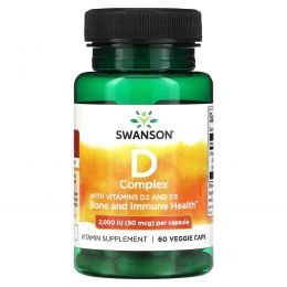 Swanson, D-комплекс с витаминами D2 и D3, 2000 МЕ (50 мкг), 60 растительных капсул