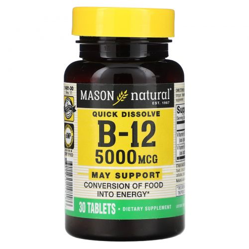 Mason Naturals, Витамин B-12, малиновый ароматизатор, 5000 мкг, 30 подъязычных таблеток