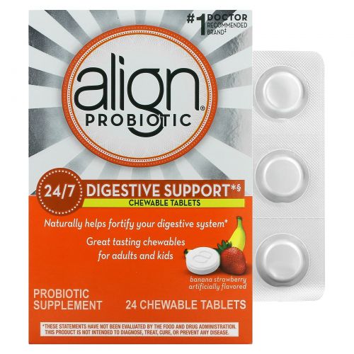 Align Probiotics, Поддержка пищеварения 24/7, пробиотическая добавка, жевательные таблетки, бананово-клубничный смузи, 24 жевательные таблетки