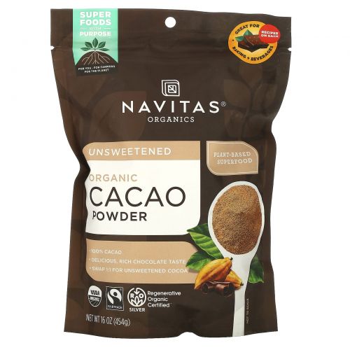 Navitas Organics, Органический какао-порошок, сырой шоколадный порошок, 16 унций (454 г)