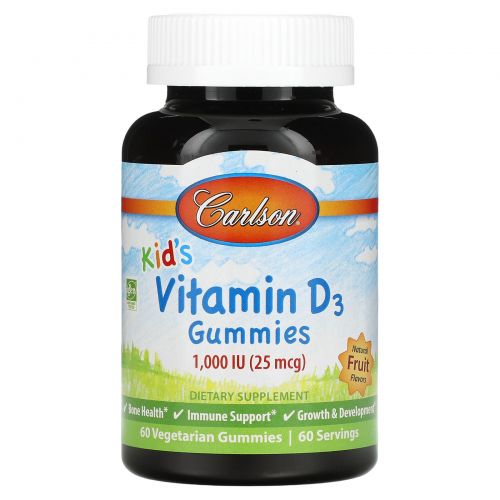 Carlson Labs, Kid's Vitamin D3 Gummies, 1,000 IU (25 mcg), Natural Fruit Flavors, 60 Gummies