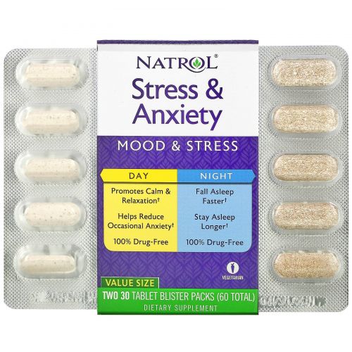 Natrol, средство от стресса и тревожности для приема днем и ночью, два блистера по 30 таблеток в упаковке (всего 60)