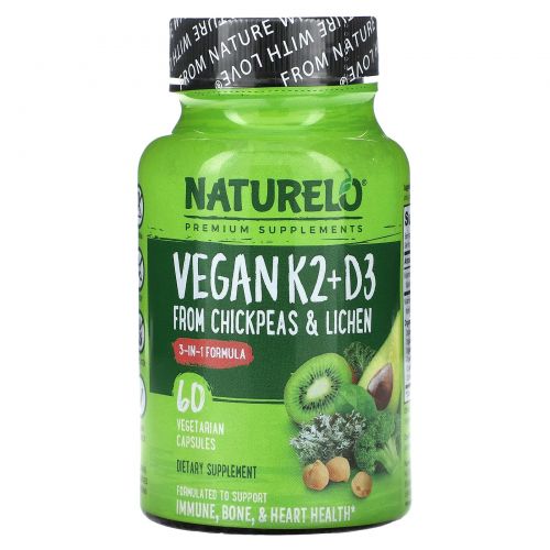 NATURELO, Vitamin K2 + D3, From Chickpeas & Lichen, 60 Vegetarian Capsules