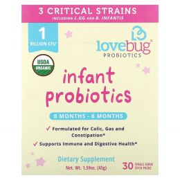 LoveBug Probiotics, Tiny Tummies, пробиотики и пребиотики для ежедневного приема, от 0 до 6 месяцев, 1 миллиард КОЕ, 30 отдельных порционных стиков по 1,5 г (0,05 унции)