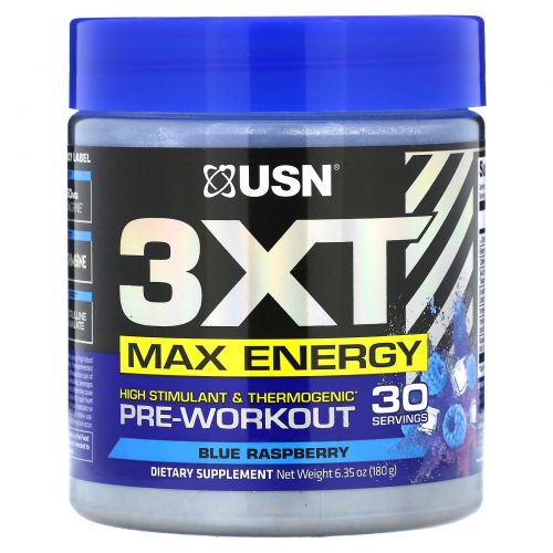 USN, 3XT Max Energy, высокий стимулирующий и термогенный предтренировочный комплекс, со вкусом голубой малины, 180 г (6,35 унции)