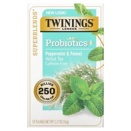 Twinings, Probiotics Herbal Tea, Peppermint & Fennel, Caffeine-Free, 18 Tea Bags, 1.27 oz (36 g)