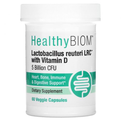 HealthyBiom, Lactobacillus Reuteri LRC with Vitamin D, 5 Billion CFUs, 60 Veggie Capsules