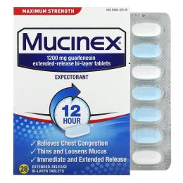 Mucinex, отхаркивающее средство максимального действия, 28 двухслойных таблеток с замедленным высвобождением