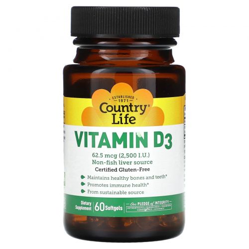 Country Life, Витамин D3, 62,5 мкг (2500 МЕ), 60 мягких таблеток