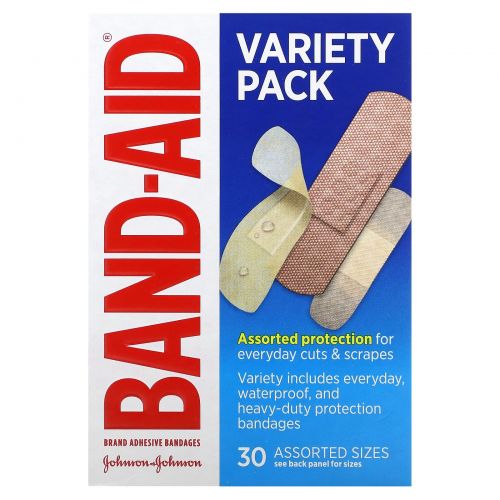 Band Aid, лейкопластыри, ассорти вкусов, 30 разных размеров