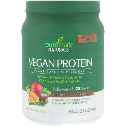 PureMark Naturals, Vegan Protein, Plant-Based Supplement, Chocolate Flavor Drink Mix, 16 oz (454 g)