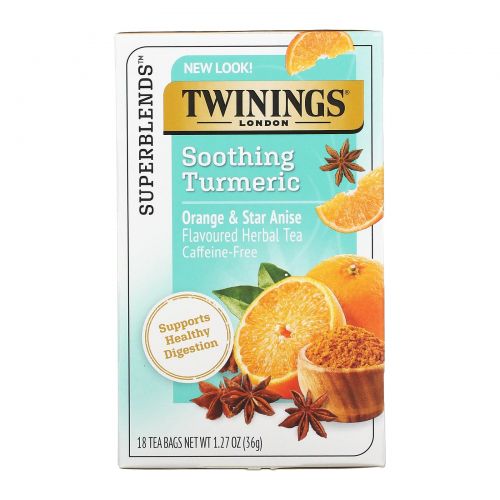 Twinings, Успокаивающий травяной чай, куркума, апельсин и анис звездчатый, без кофеина, 18 пакетиков по 1,27 унц. (36 г)