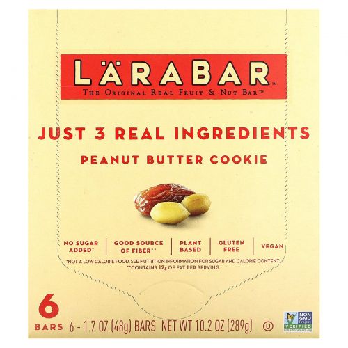 Larabar, The Original Real Fruit & Nut Bar, печенье с арахисовой пастой, 6 батончиков по 48 г (1,7 унции)