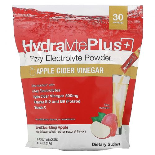 Hydralyte, Hydralyte Plus+, шипучий электролитный порошок, со вкусом яблочного уксуса, 30 пакетиков по 7 г (0,24 унции)