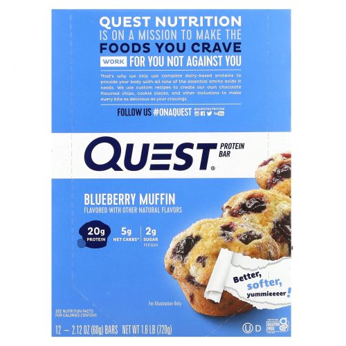 Quest Nutrition, QuestBar, Protein Bar, Blueberry Muffin, 12 Bars, 2.1 oz (60 g) Each