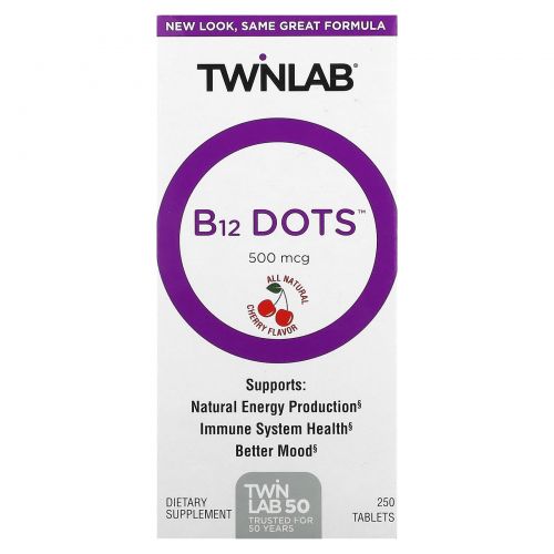 Twinlab, B-12 Dots, вишня, 500 мкг, 250 таблеток