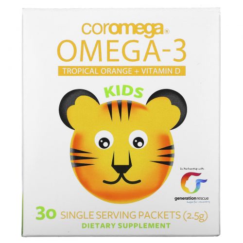 Coromega, Kids, омега-3, тропический апельсин + витамин D, 30 пакетиков (2,5 г)