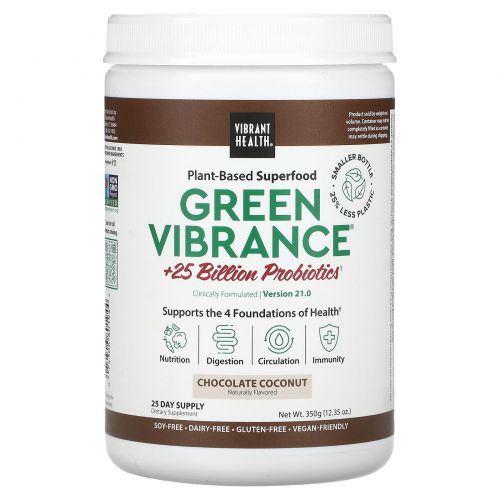 Vibrant Health, Green Vibrance +25 млрд пробиотиков, Версия 16.0, Шоколад и кокос, 13,23 унц. (375 г)