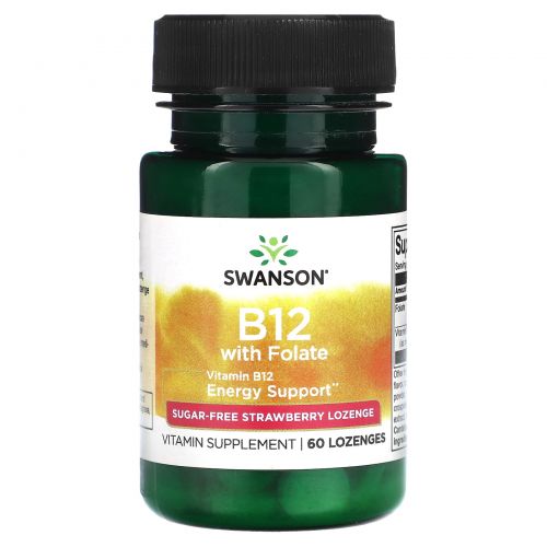Swanson, Витамин B12 с фолатом, без сахара, клубника, 60 пастилок