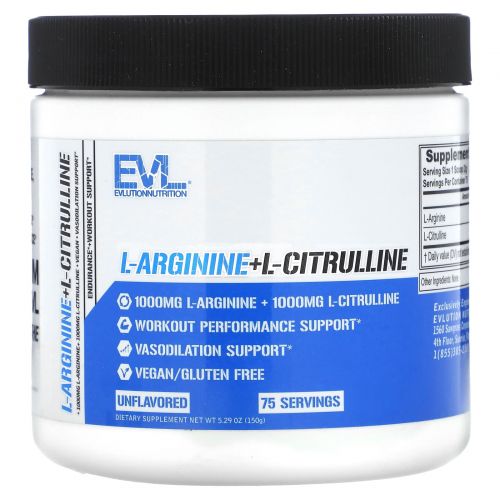 EVLution Nutrition, L-аргинин + l-цитруллин, без добавок, 150 г (5,29 унции)