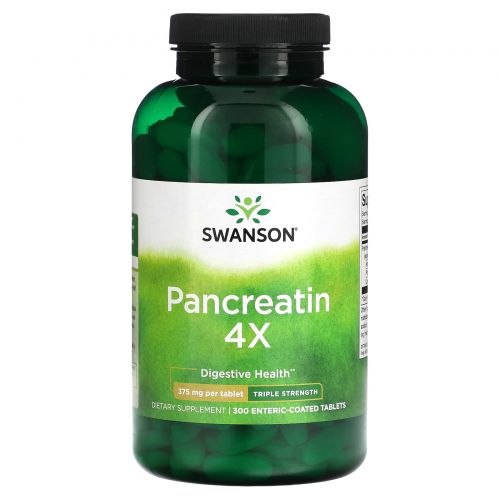 Swanson, Pancreatin 4X, тройная сила действия, 375 мг, 300 таблеток с кишечнорастворимой оболочкой