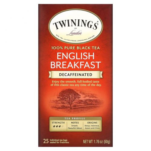 Twinings, Классический чай, English Breakfast, декофеинизированный, 25 чайных пакетиков, 1,76 унций (50 г)