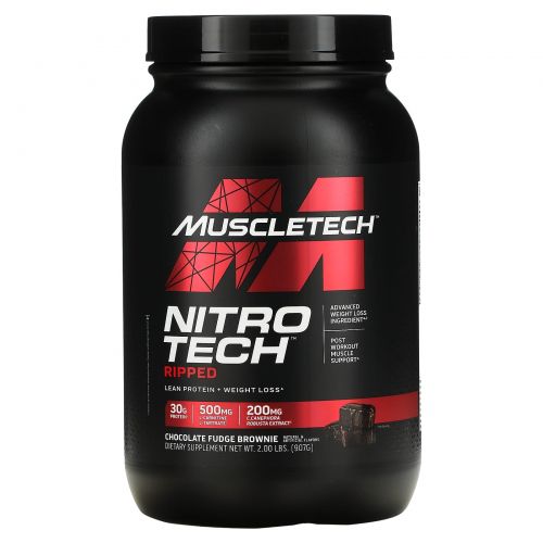 Muscletech, Nitro Tech, Ripped, потрясающая формула потери веса протеин+, брауни шоколадный фадж, 907 г (2,00 фунта)