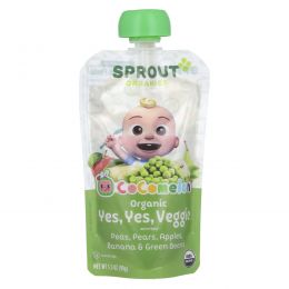 Sprout Organics, Cocomelon, органические овощи с фруктами, от 8 месяцев, горох, груши, яблоки, банан и стручковая фасоль, 99 г (3,5 унции)