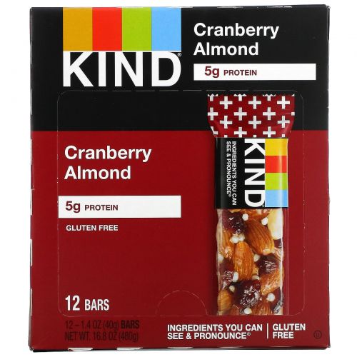 KIND Bars, Kind Plus, батончики с клюквой, миндалем и антиоксидантами, 12 батончиков по 1,4 унции (40 г) каждый