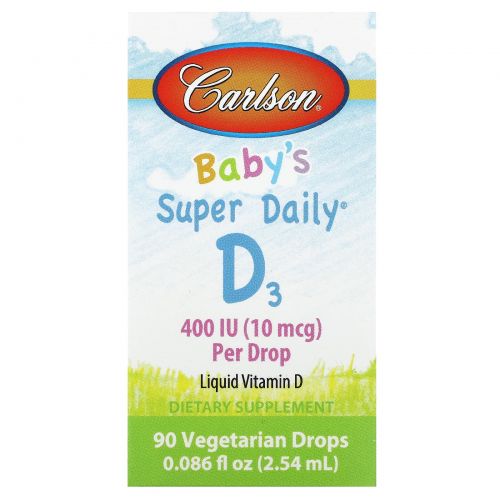 Carlson, Baby's Super Daily D3, 10 мкг (400 МЕ), 90 вегетарианских капель, 2,54 мл (0,086 жидк. Унции)