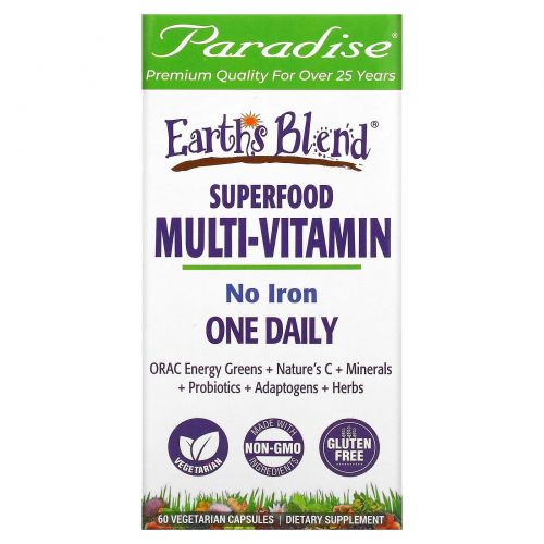 Paradise Herbs, Earth's Blend, ежедневные мультивитамины из суперпродуктов, без железа, 60 вегетарианских капсул