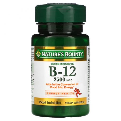 Nature's Bounty, B-12, натуральный вишневый вкус, 2500 мкг, 75 быстрорастворимых таблеток