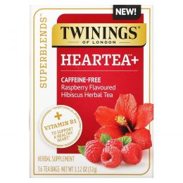 Twinings, Superblends, Heartea с витамином B1, малина, травяной чай из гибискуса, без кофеина, 16 чайных пакетиков, 32 г (1,12 унции)