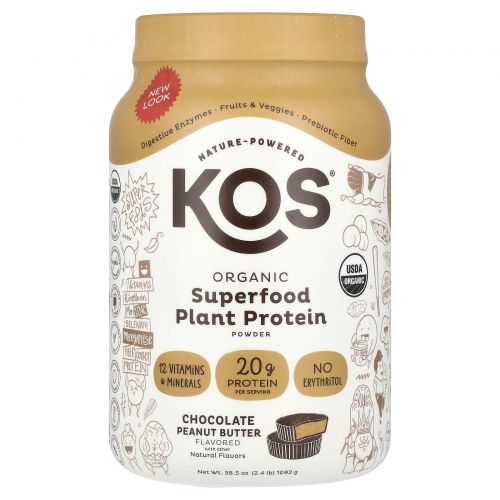 KOS, органический суперфуд, порошок из растительного протеина, со вкусом шоколада и арахисовой пасты, 1092 г (2,4 фунта)