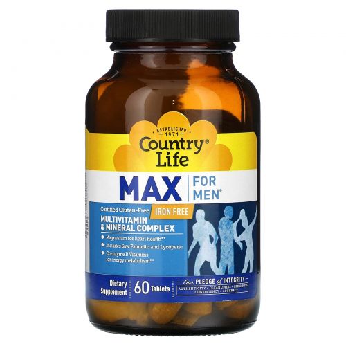 Country Life, Max for Men, мультивитаминный и минеральный комплекс, без железа, 60 таблеток
