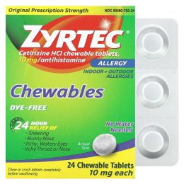 Zyrtec, Allergy, цетиризин гидрохлорид, без красителей, 10 мг, 24 жевательные таблетки